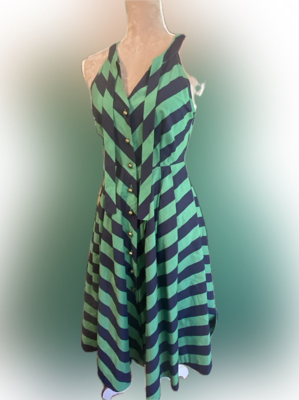 Green and Navy Striped V-Neck Button Front Halter Sun Dress